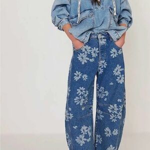 Floral Patterned Blue Wide Leg Jeans